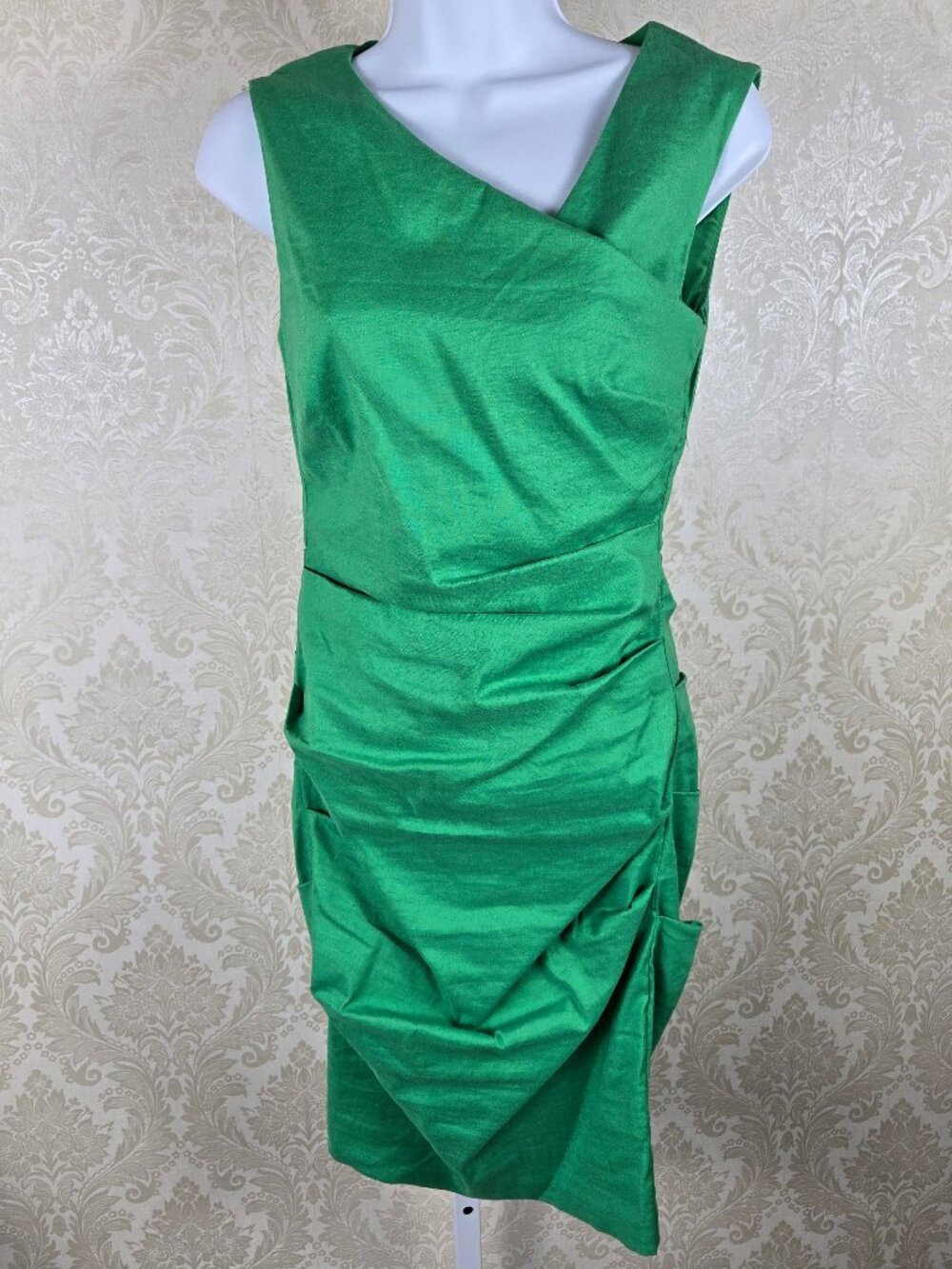 Artelier by Nicole Miller Sz 2 Green Ruched Sheath Dress Linen Blend Sleeveless